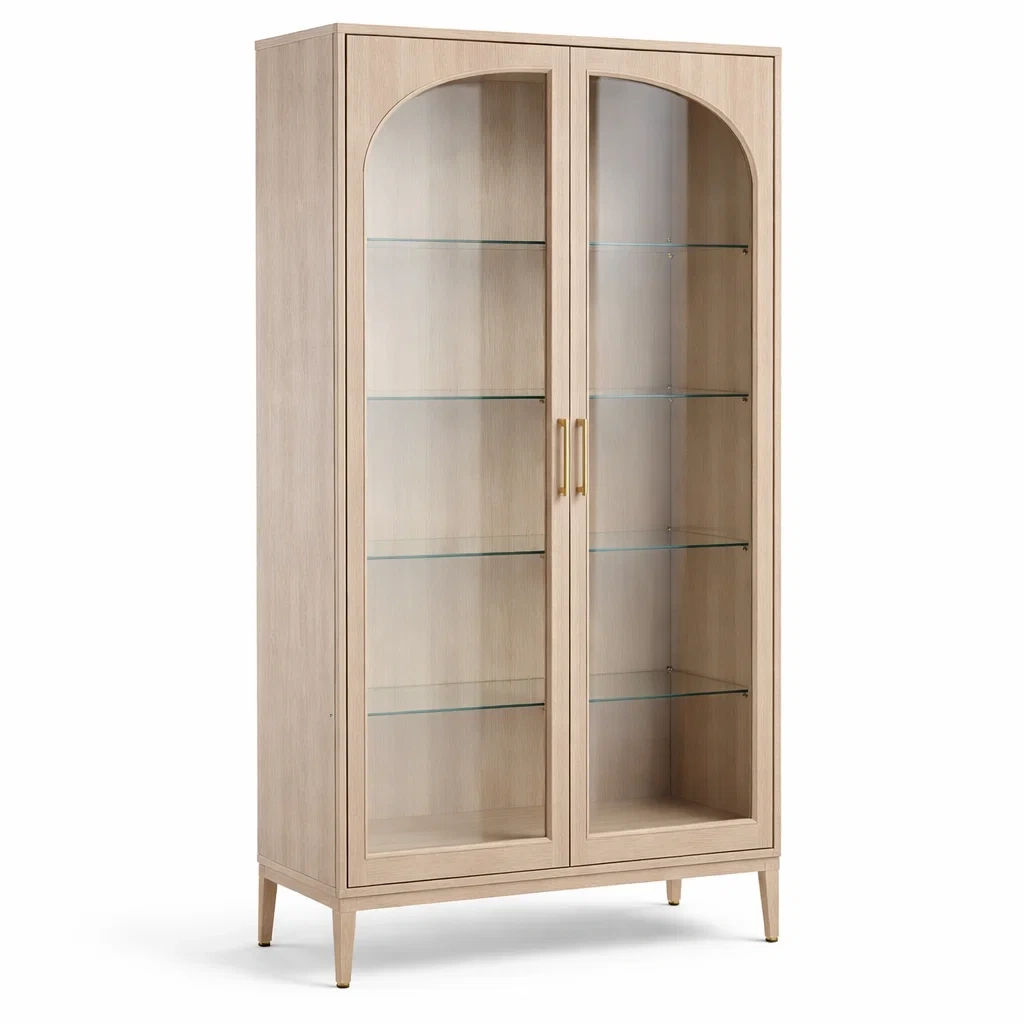 Vitrine en chêne clair avec étagères en verre trempé-ELEGANTROOMcraft