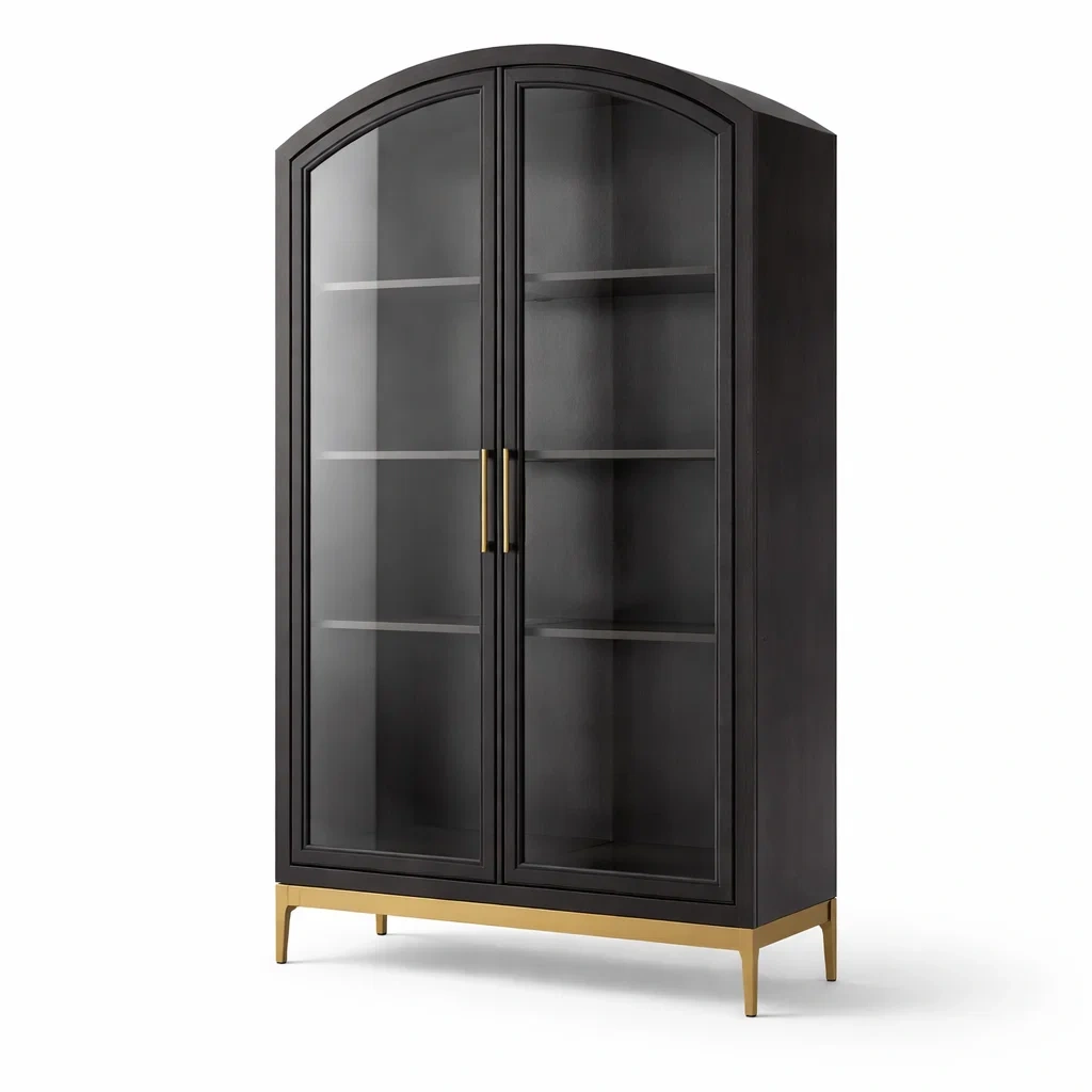 Vitrine en verre trempé avec cadre en bois mdf noir et pieds en acier doré-ELEGANTROOMcraft