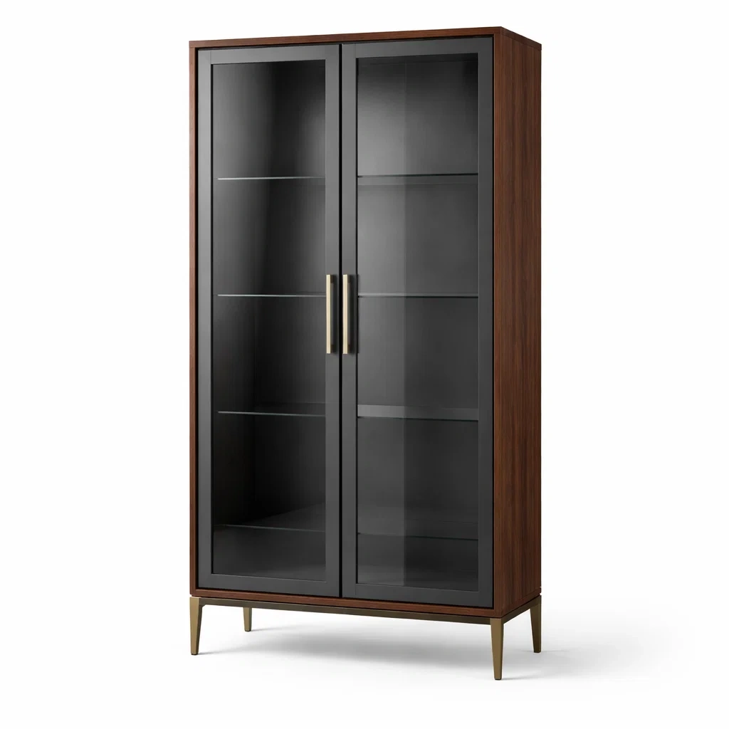 Vitrine en bois noyer et métal avec verre trempé-ELEGANTROOMcraft
