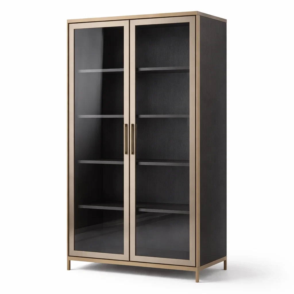 Vitrine en bois noir et verre trempé avec cadre en métal doré-ELEGANTROOMcraft
