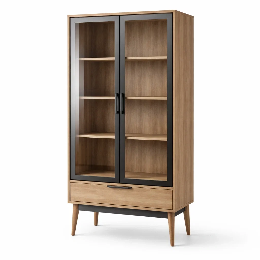 Vitrine en bois et verre avec étagères et tiroir-ELEGANTROOMcraft