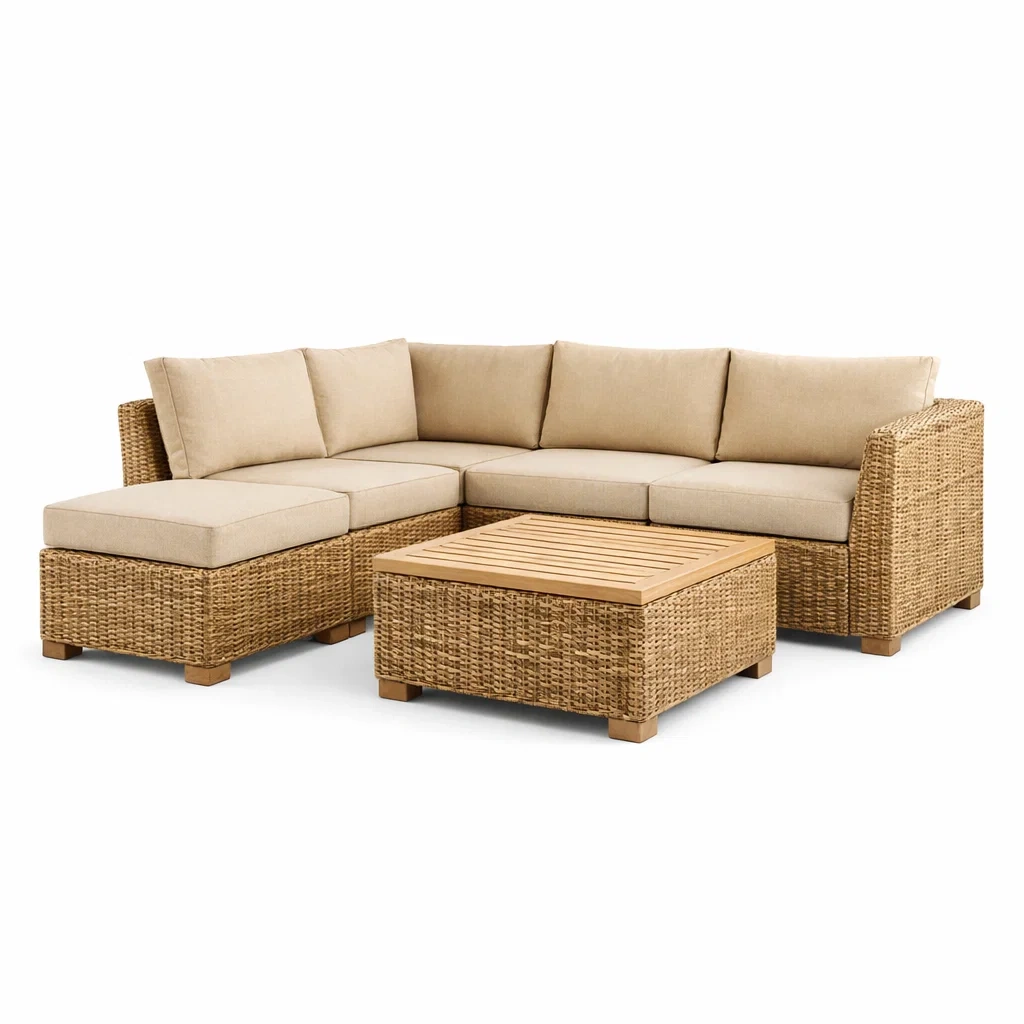 Ensemble de canapés d'angle modulable en osier avec table basse en bois-NESTCOMFORTZONE