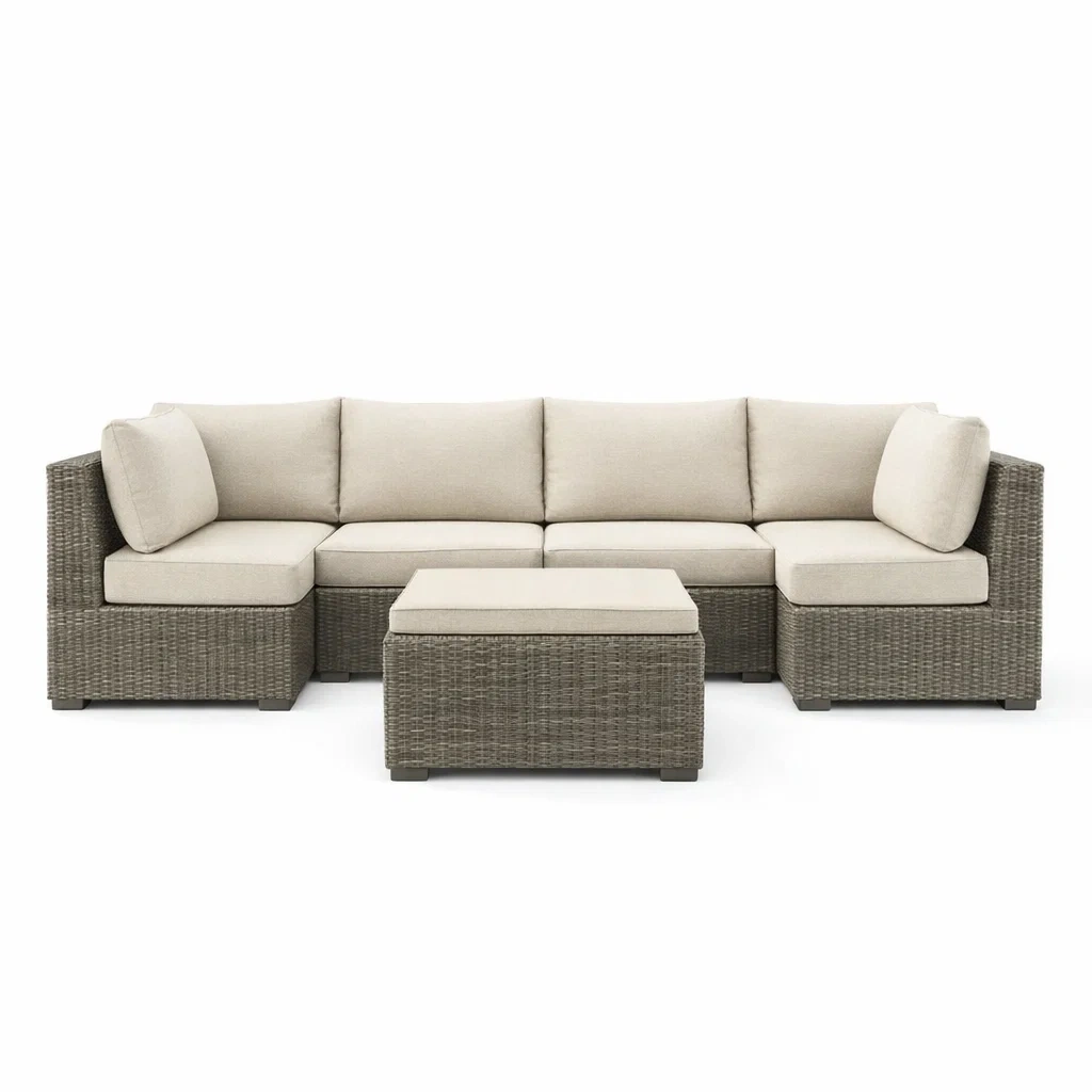 Ensemble de canapés d'angle modulaire en résine tressée gris avec coussins beige-NESTCOMFORTZONE