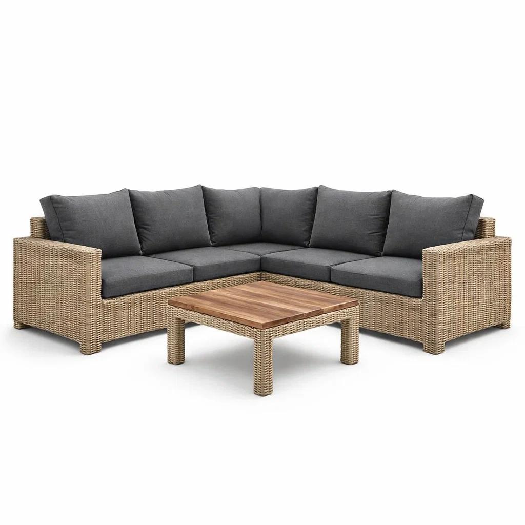Ensemble de canapés en rotin avec coussins en polyester gris et table en bois-NESTCOMFORTZONE