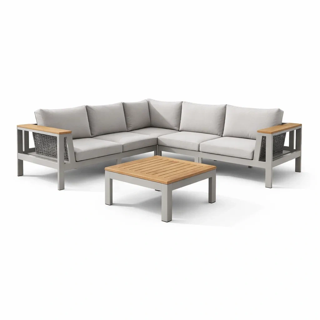 Ensemble de canapés d'angle en aluminium et bois gris et bois clair-NESTCOMFORTZONE
