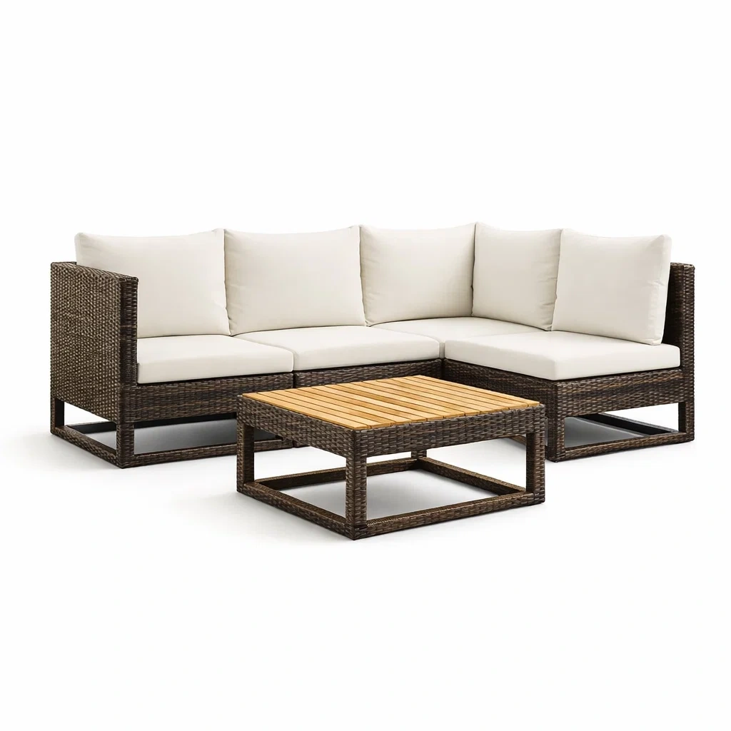 Ensemble de canapés en rotin marron avec coussin beige et table en bois-NESTCOMFORTZONE