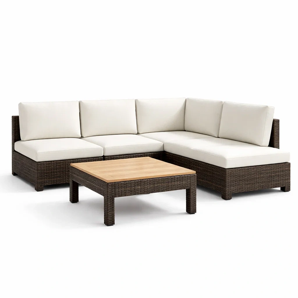 Ensemble de canapés en résine tressée avec table carrée en bois et coussins crème-NESTCOMFORTZONE