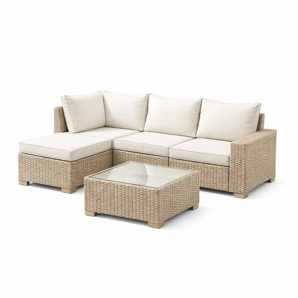 Ensemble de canapés en résine tressée beige avec table basse en verre-NESTCOMFORTZONE