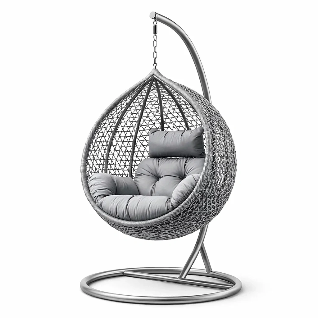 Fauteuil œuf suspendu en acier et rotin Gris avec coussin en polyester-NESTCOMFORTZONE