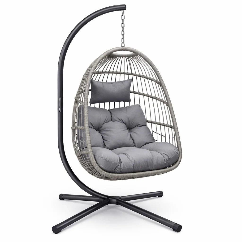 Fauteuil œuf suspendu en rotin synthétique Gris avec coussins en polyester-NESTCOMFORTZONE