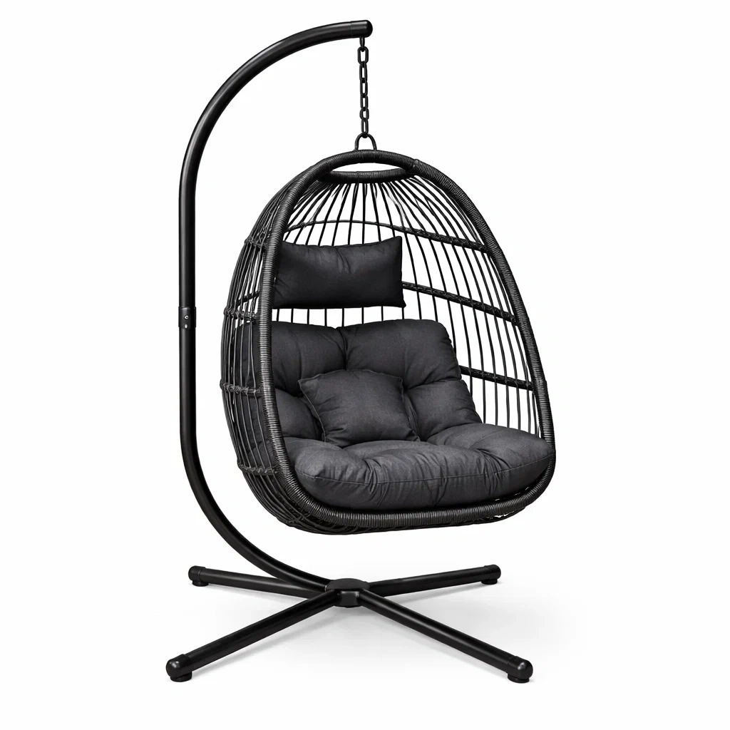 Fauteuil œuf suspendu en métal et résine tressée avec coussins-NESTCOMFORTZONE