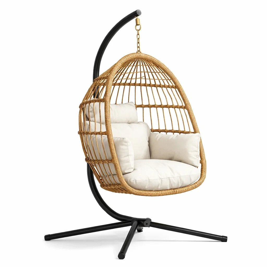Fauteuil œuf suspendu en rotin synthétique avec coussins Crème et support en acier-NESTCOMFORTZONE