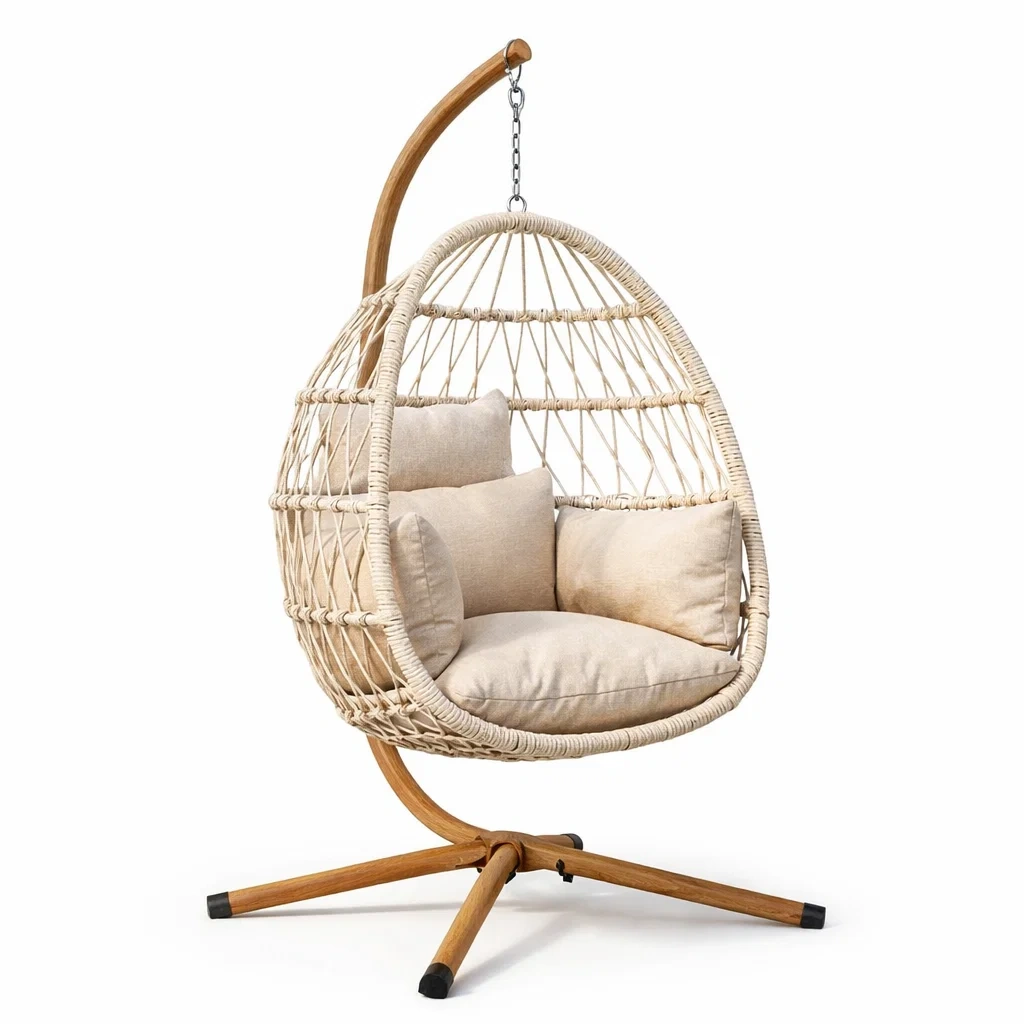 Fauteuil œuf suspendu en rotin avec coussins en polyester et structure en bois-NESTCOMFORTZONE