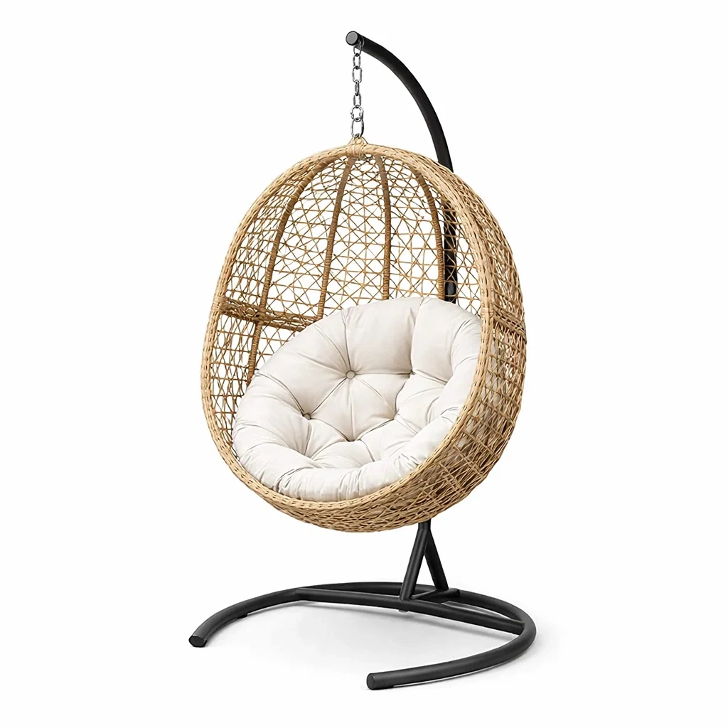Fauteuil œuf suspendu en rotin et métal avec coussin Beige-NESTCOMFORTZONE