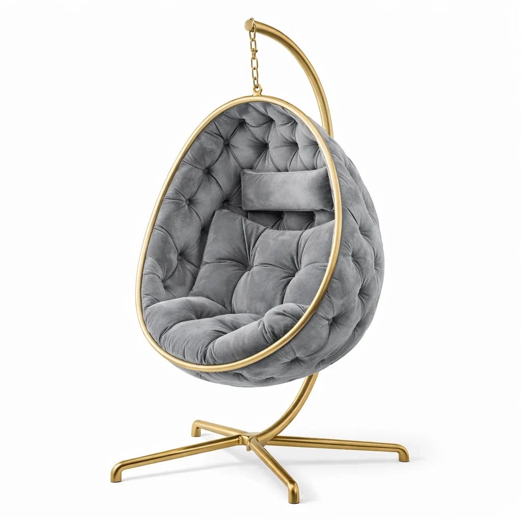 Fauteuil œuf suspendu en velours Gris et métal Doré-NESTCOMFORTZONE