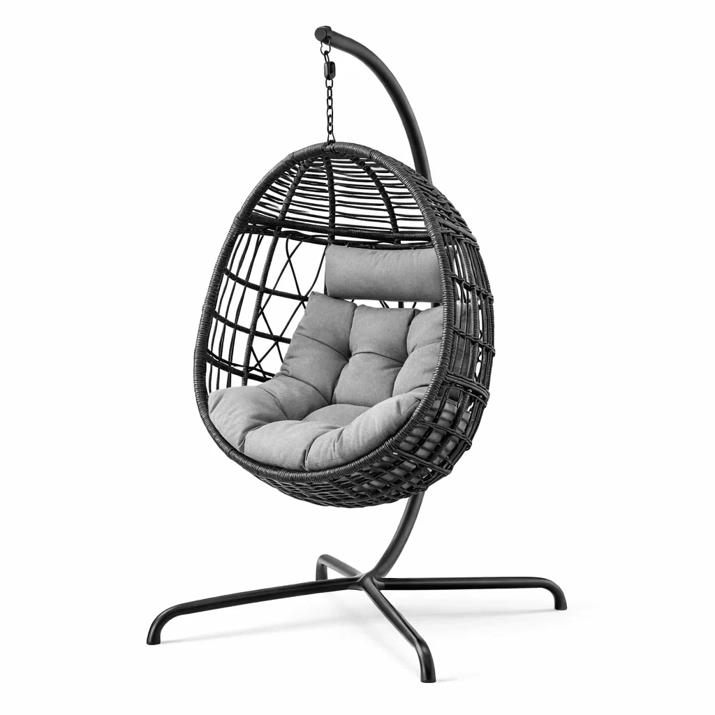 Fauteuil œuf suspendu en acier et résine tressée avec coussin Gris-NESTCOMFORTZONE