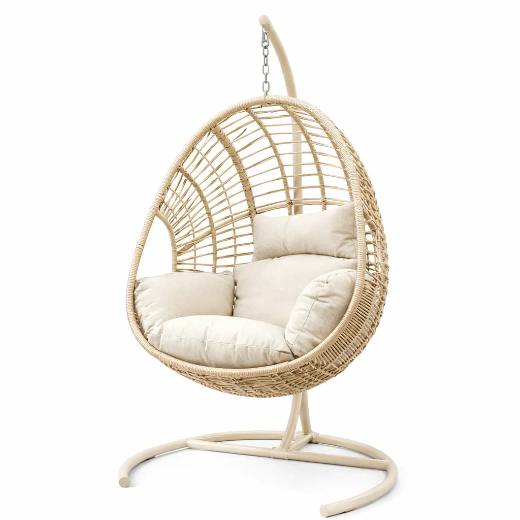 Fauteuil œuf suspendu en rotin synthétique avec coussins Beige-NESTCOMFORTZONE
