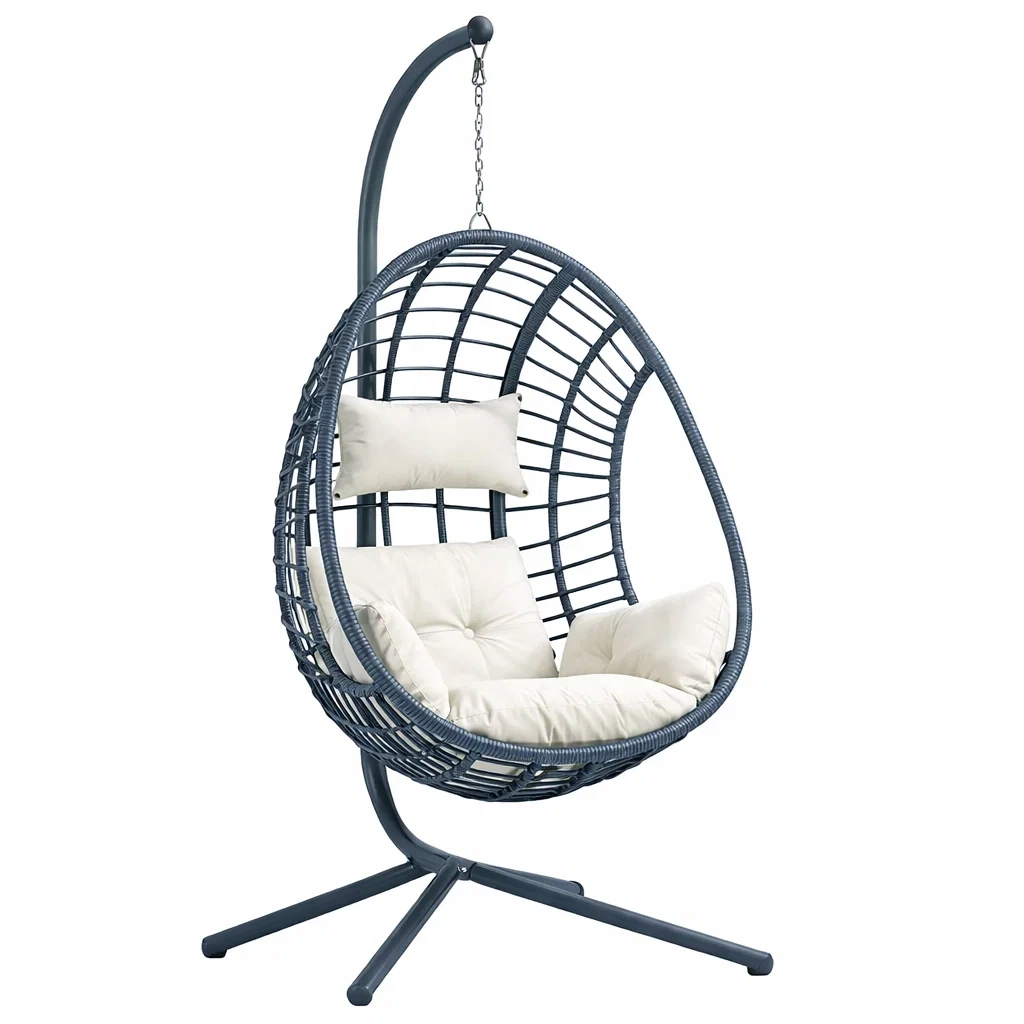 Fauteuil œuf suspendu en résine tressée avec coussins Crème et structure en métal-NESTCOMFORTZONE