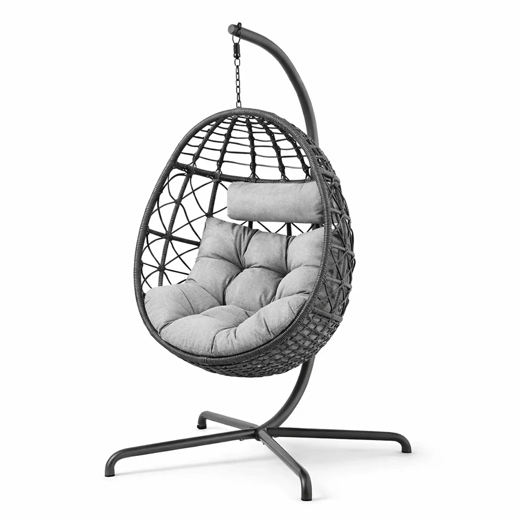 Fauteuil œuf suspendu en rotin avec support en acier et coussins Gris-NESTCOMFORTZONE