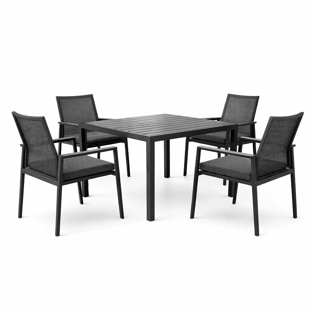 Ensemble de table et chaises carré en aluminium noir avec 4 chaises en textile ajouré-NESTCOMFORTZONE