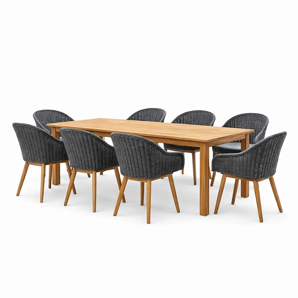 Ensemble de table et chaises en bois d'acacia et rotin gris-NESTCOMFORTZONE