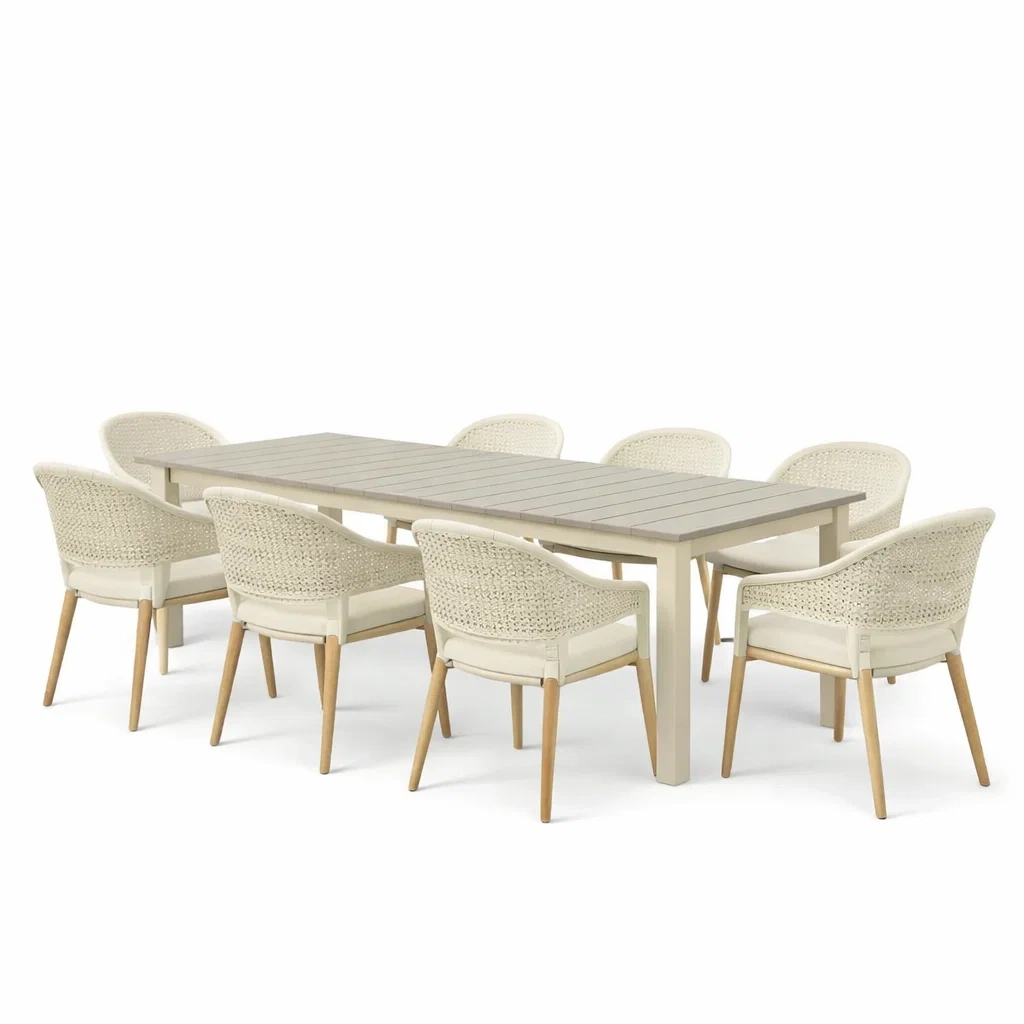 Ensemble de table et chaises en bois et aluminium beige 8 places-NESTCOMFORTZONE