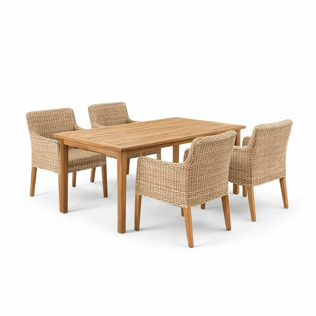 Ensemble de table et chaises d'extérieur en bois de teck et résine tressée-NESTCOMFORTZONE