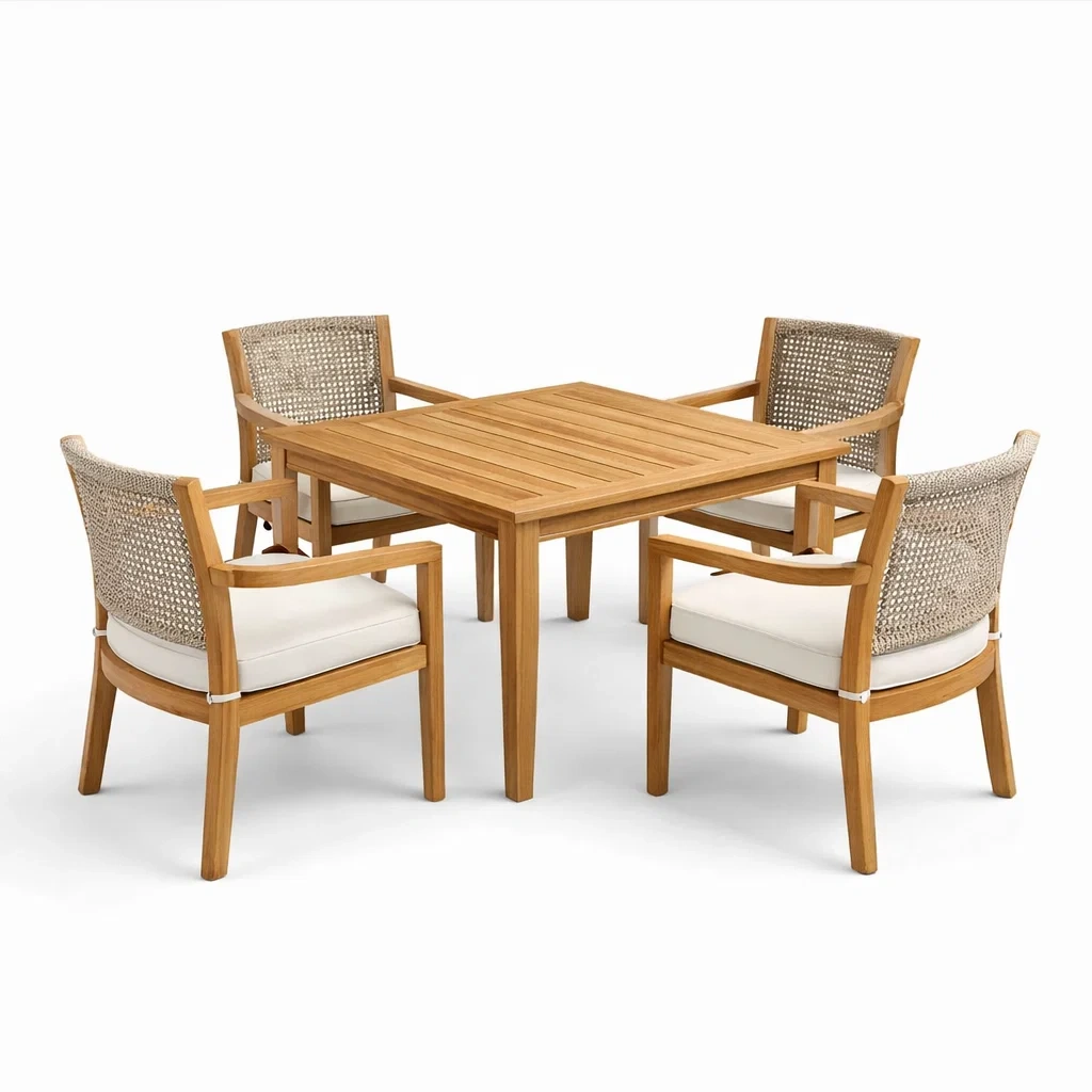 Ensemble de table et chaises en teck avec 4 chaises en rotin et coussins en polyester-NESTCOMFORTZONE