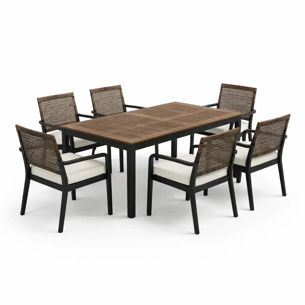 Ensemble de table et chaises d'extérieur en bois et métal avec 6 chaises en cannage et coussins-NESTCOMFORTZONE