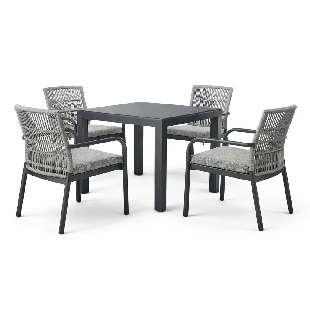 Ensemble de table et chaises en aluminium avec 4 chaises en corde polyester gris-NESTCOMFORTZONE