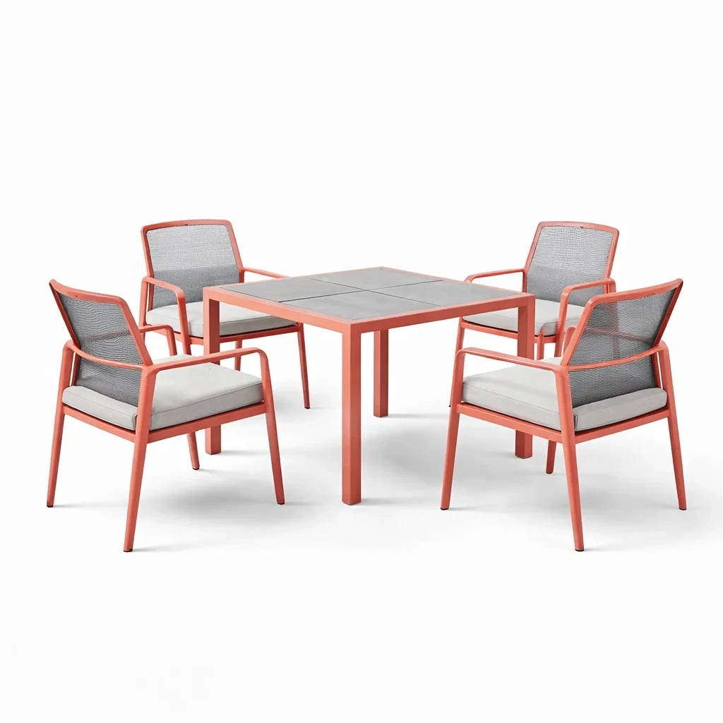 Ensemble de table et chaises carré en aluminium corail avec plateau en verre trempé et 4 chaises-NESTCOMFORTZONE