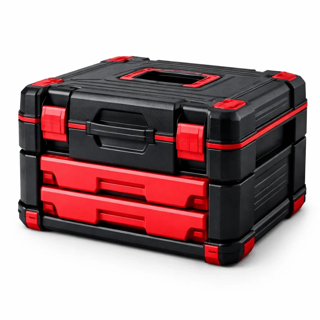 Boîte à outils en plastique noir et rouge avec 2 tiroirs-NESTCOMFORTZONE