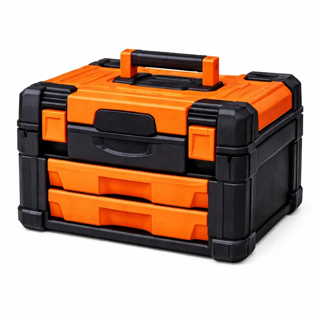Boîte à outils en plastique noir et orange avec tiroirs-NESTCOMFORTZONE