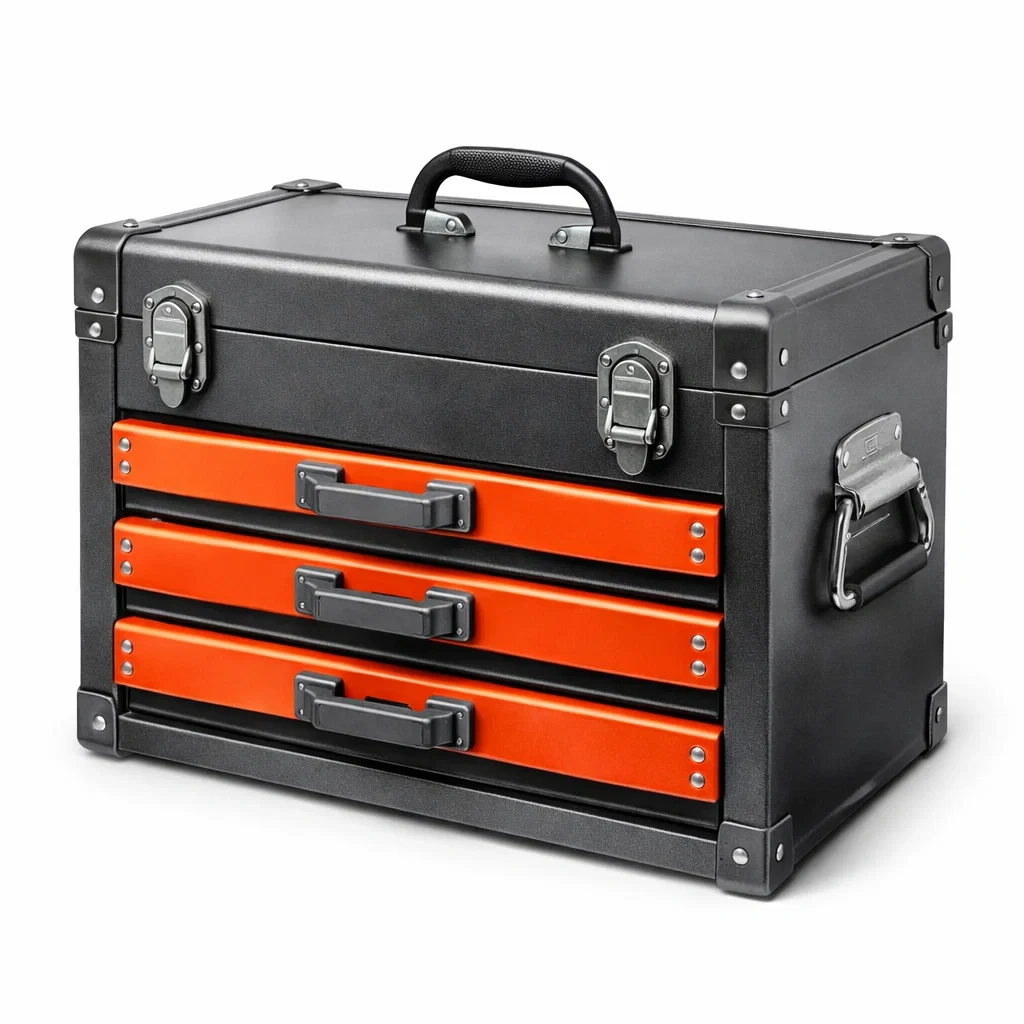 Boîte à outils en métal noir et orange avec 3 tiroirs-NESTCOMFORTZONE