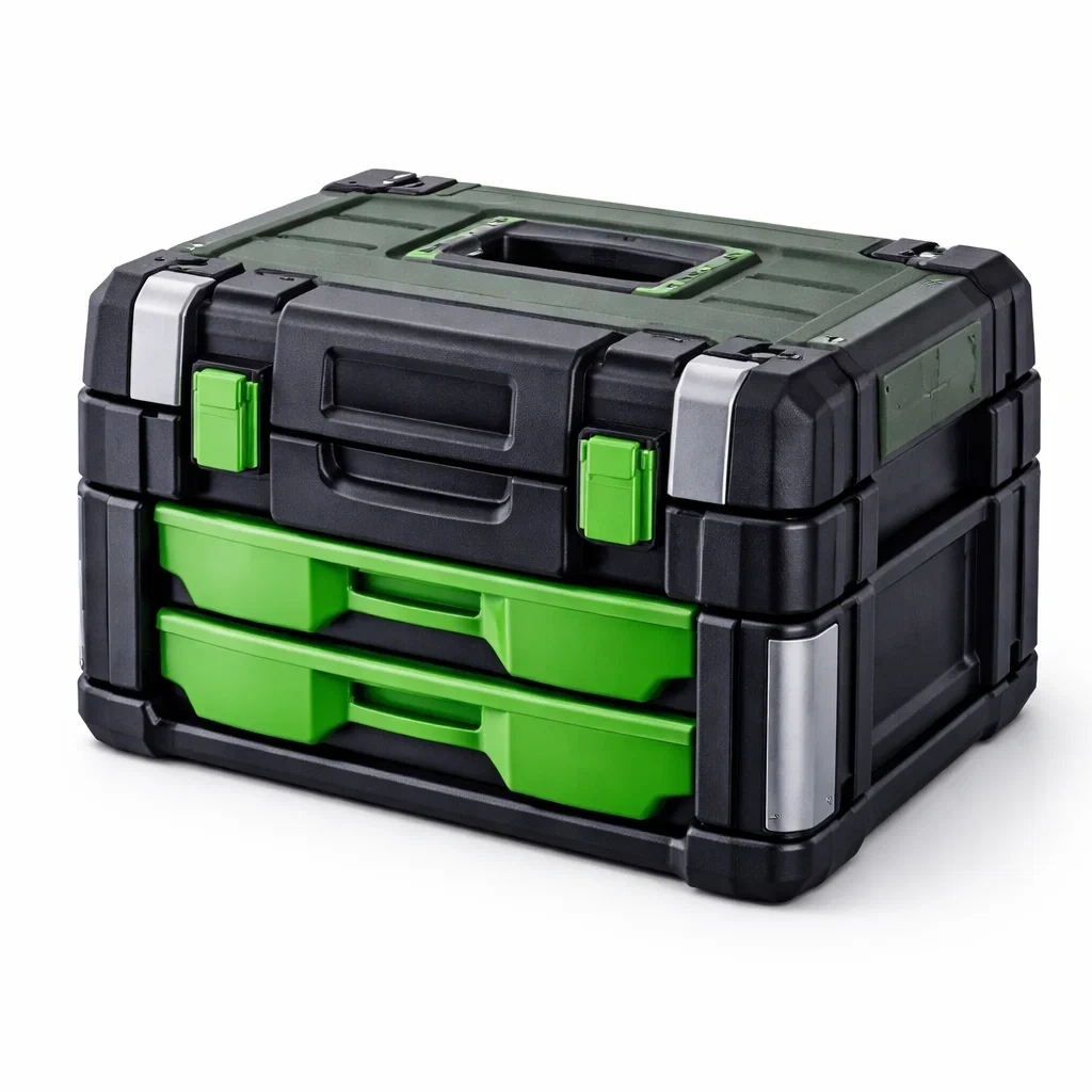 Boîte à outils en plastique noir et vert avec 2 tiroirs-NESTCOMFORTZONE