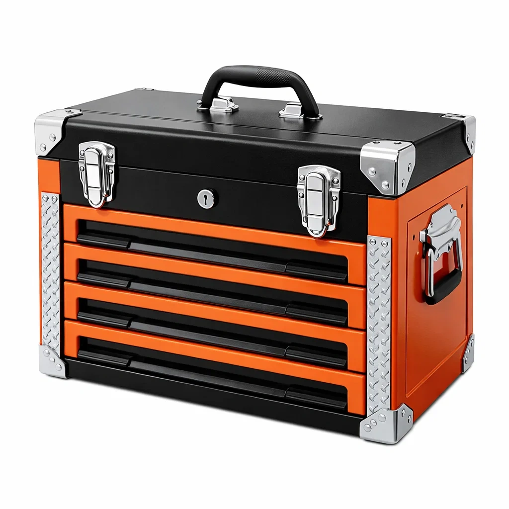 Boîte à outils portable en acier noir et orange avec quatre tiroirs-NESTCOMFORTZONE