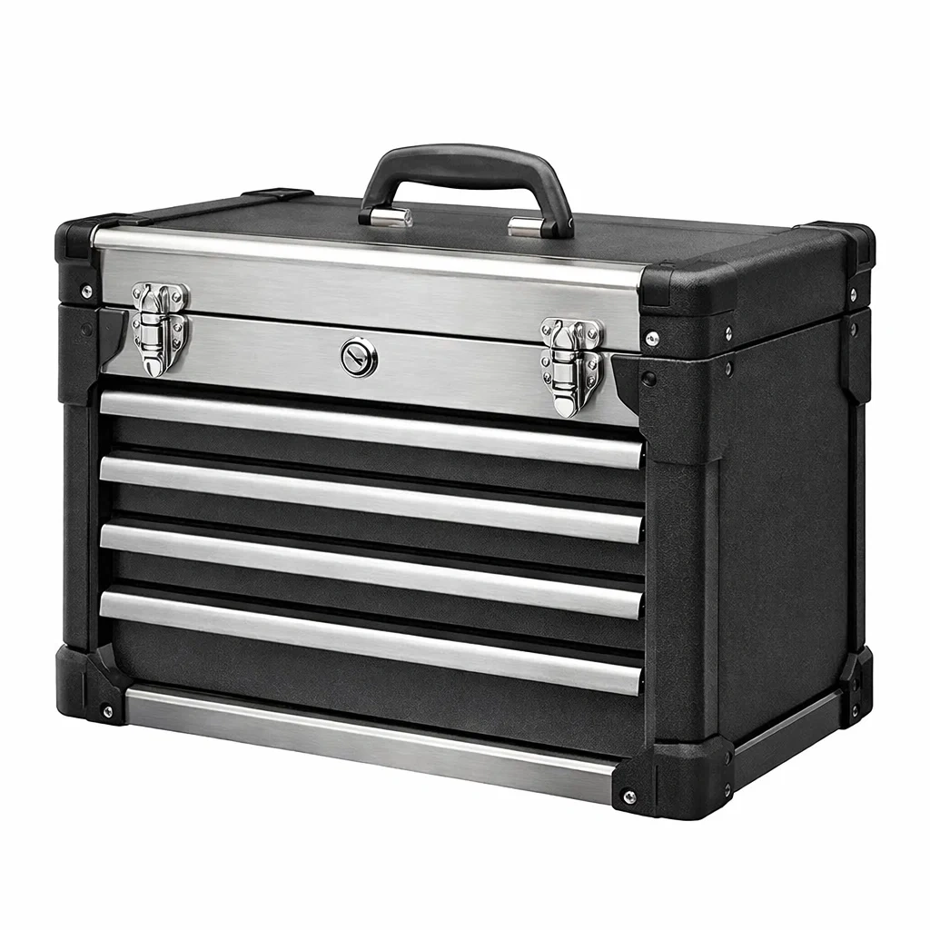 Boîte à outils en acier inoxydable noir et argent avec 4 tiroirs-NESTCOMFORTZONE