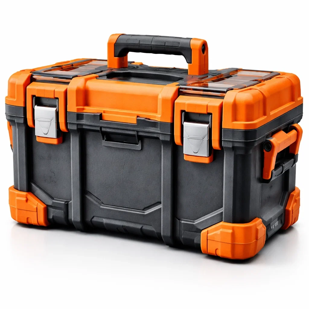 Boîte à outils en plastique noir et orange avec clips métalliques-NESTCOMFORTZONE