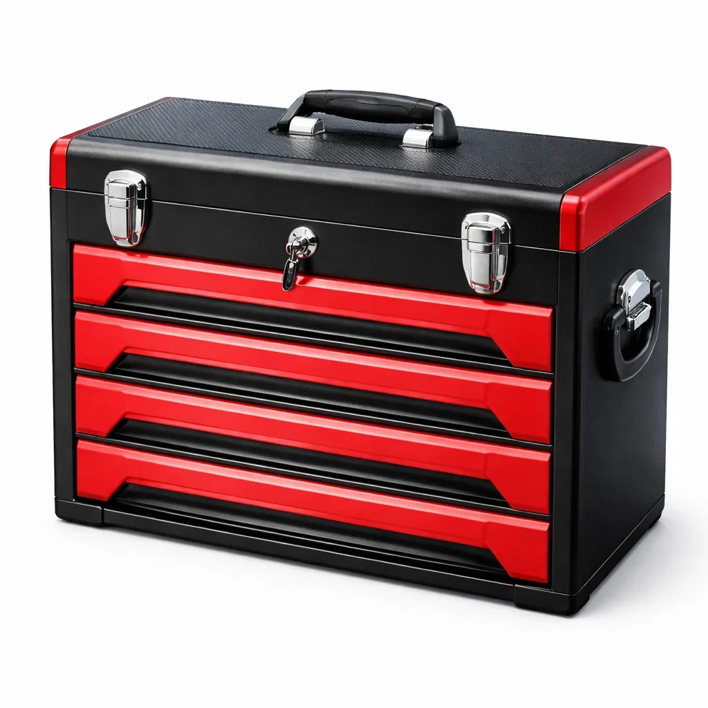 Boîte à outils en métal rouge et noir avec 4 tiroirs et serrure-NESTCOMFORTZONE