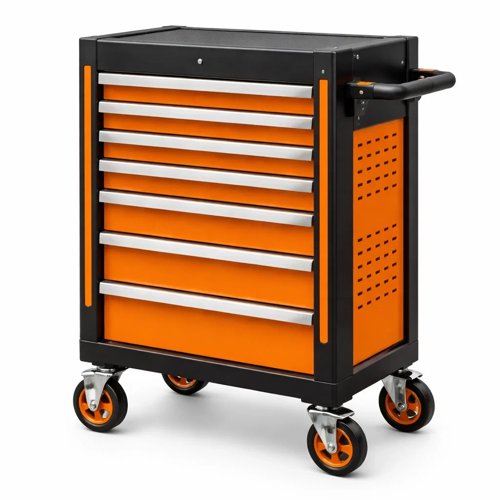 Chariot à outils métallique avec 7 tiroirs orange et noir-NESTCOMFORTZONE