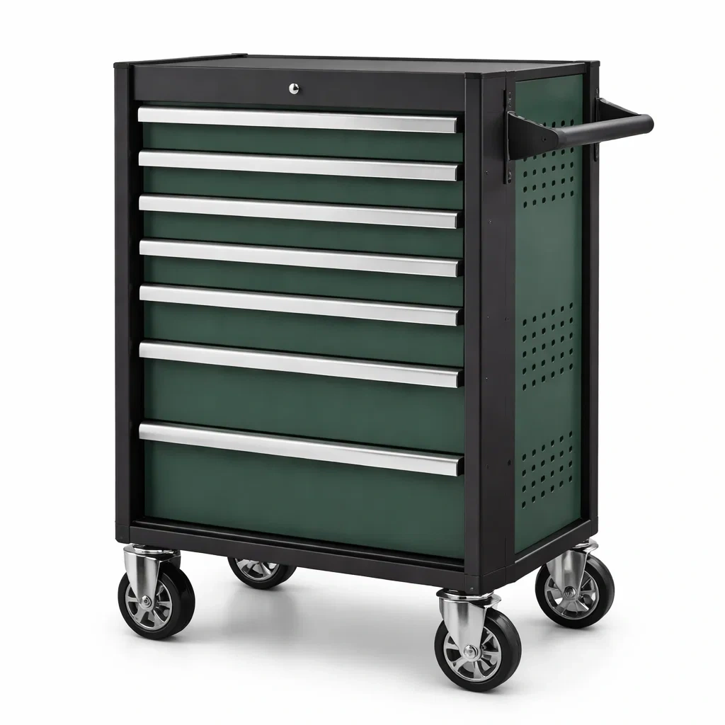 Chariot à outils en métal vert et noir avec 7 tiroirs et roulettes-NESTCOMFORTZONE