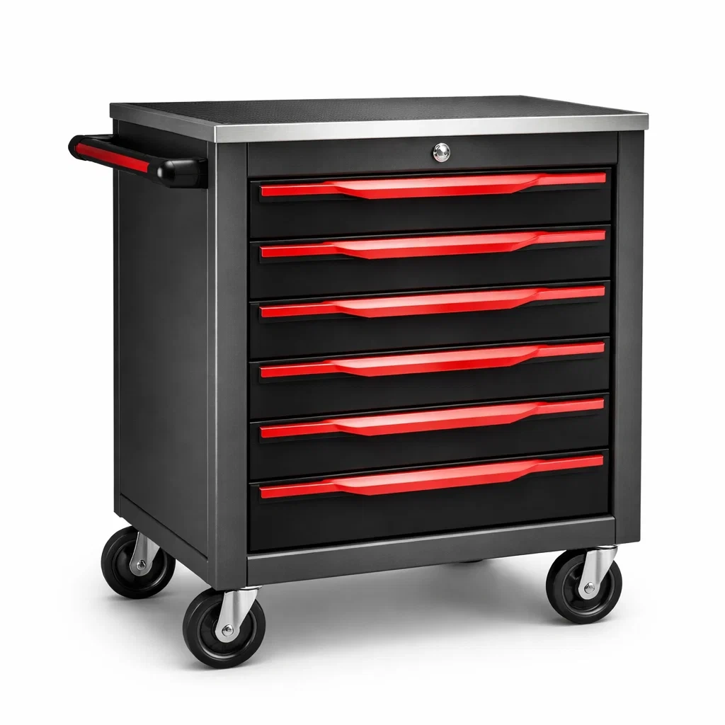 Chariot à outils mobile en métal avec 6 tiroirs noir et rouge-NESTCOMFORTZONE