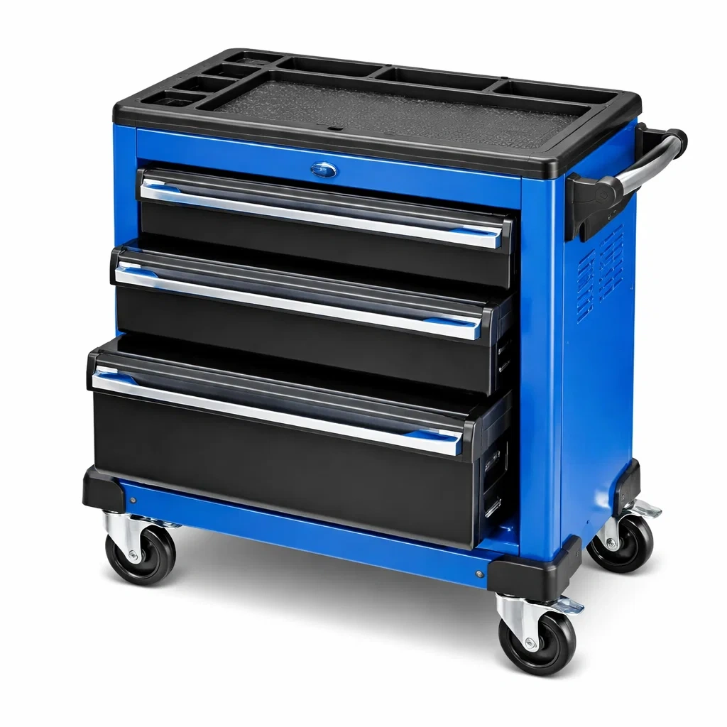 Chariot à outils en acier avec 3 tiroirs et roulettes pivotantes bleu et noir-NESTCOMFORTZONE