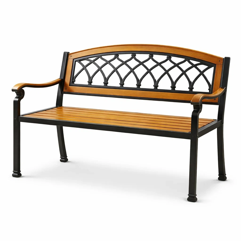 Banc de jardin en bois de chêne et fer forgé noir-NESTCOMFORTZONE