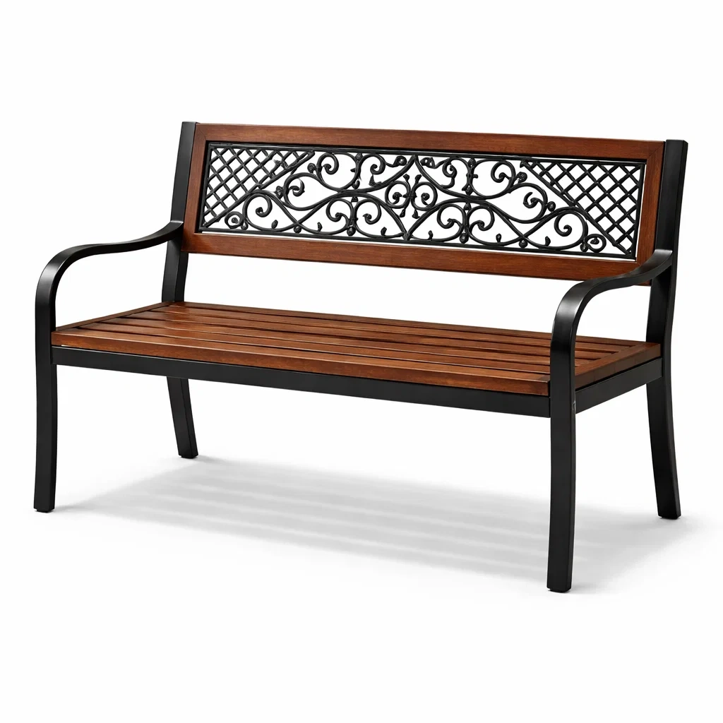 Banc de jardin en métal et bois avec dossier en fer forgé-NESTCOMFORTZONE