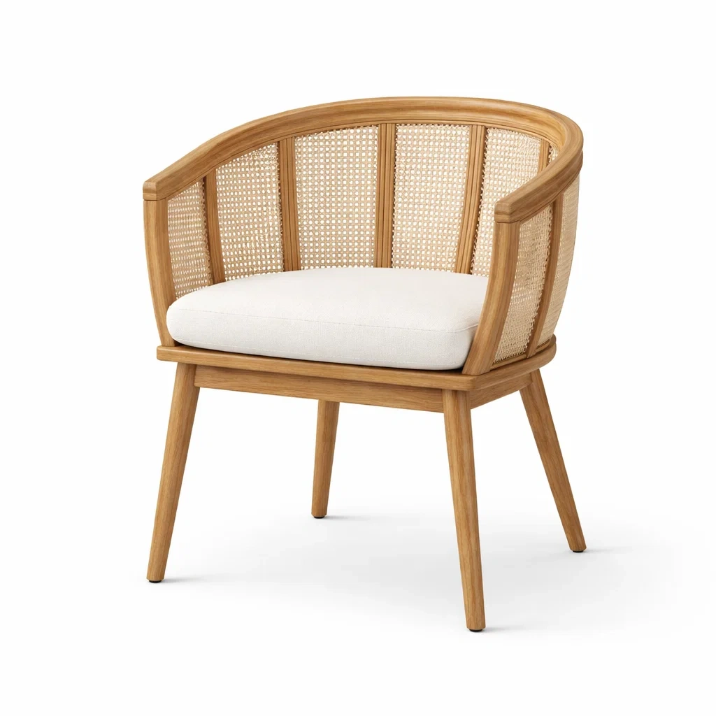 Fauteuil en bois et cannage avec coussin crème-NESTCOMFORTZONE