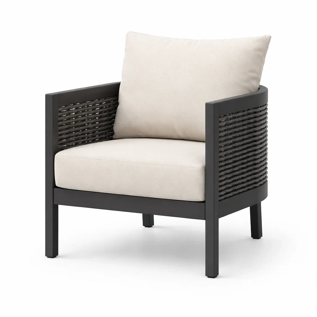 Fauteuil en aluminium Noir avec coussins en polyester Beige-NESTCOMFORTZONE