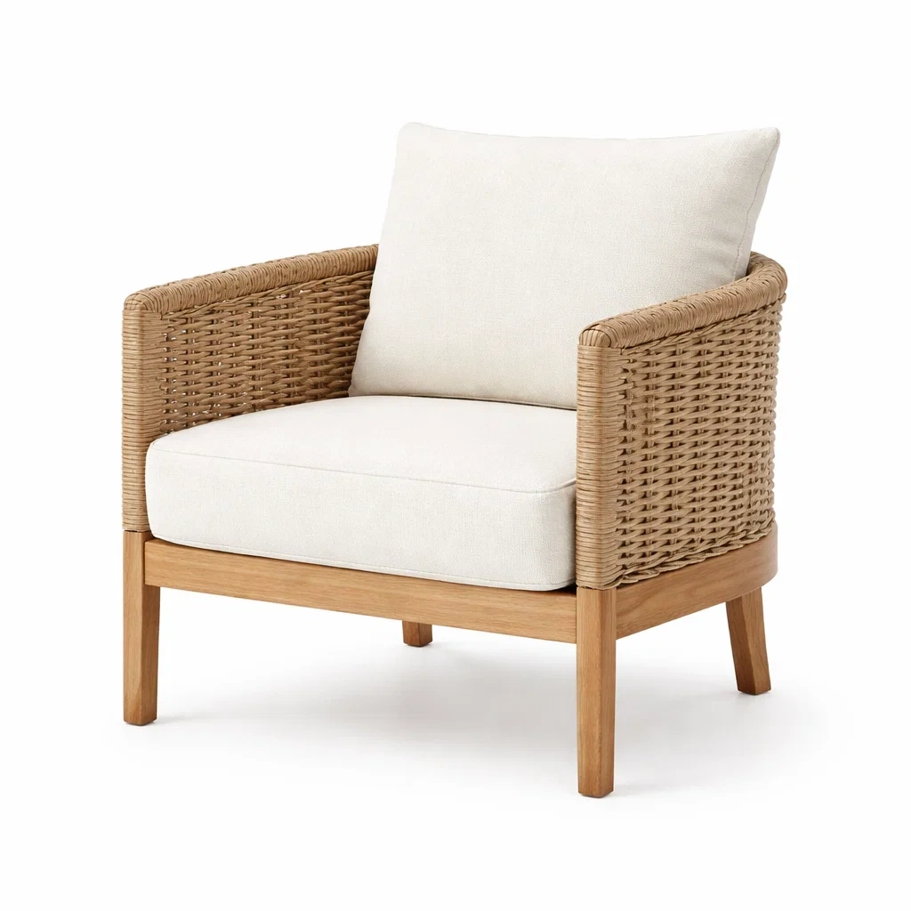 Fauteuil en bois et rotin avec coussins en polyester crème 70x80x75 cm-NESTCOMFORTZONE