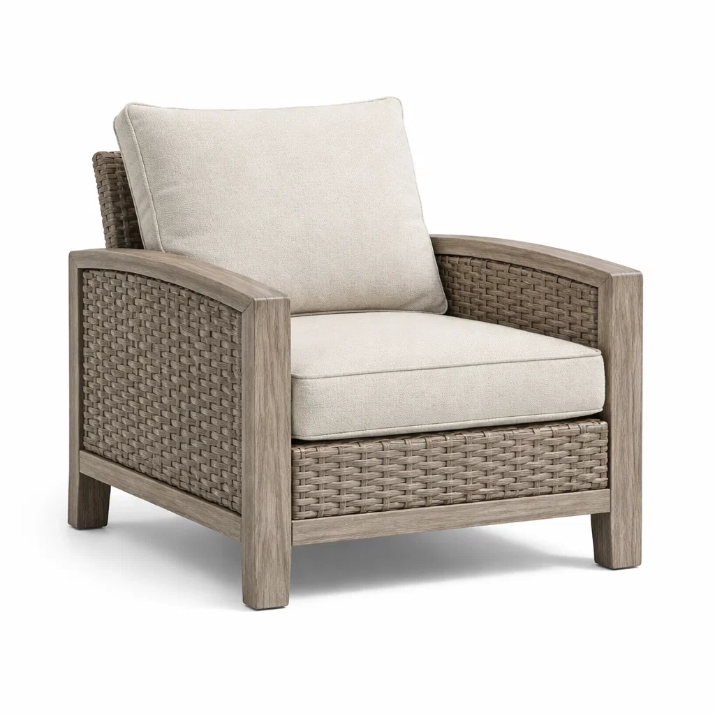 Fauteuil en résine tressée avec coussins en tissu Beige-NESTCOMFORTZONE