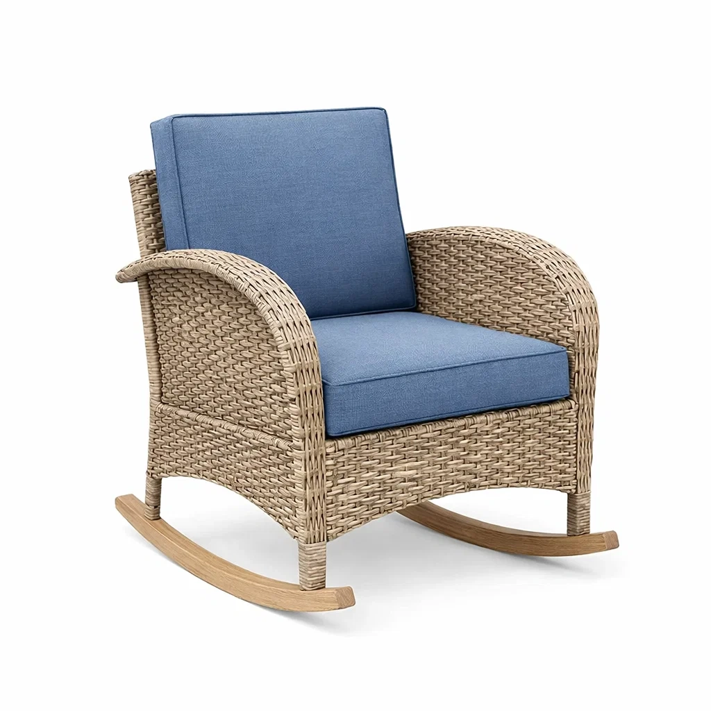 Fauteuil à bascule en rotin Beige avec coussins en tissu Bleu-NESTCOMFORTZONE